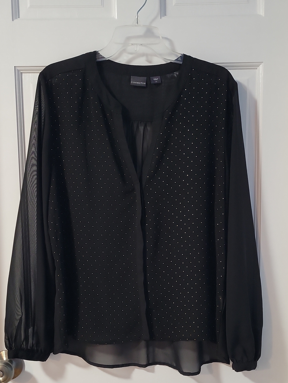 Covington Women's Sheer Black Long-Sleeve Studded Blouse